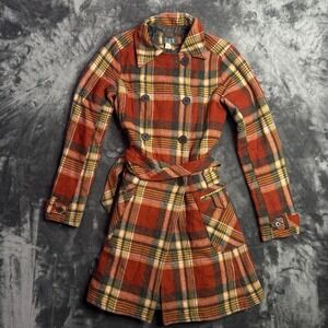 Vintage Lux Womens Wool Plaid Trench Coat Belt Size X-Small Buttons